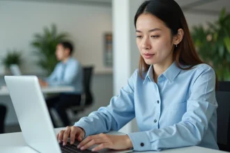 Femme professionnelle sécurisant son compte en ligne sur un ordinateur portable dans un bureau moderne