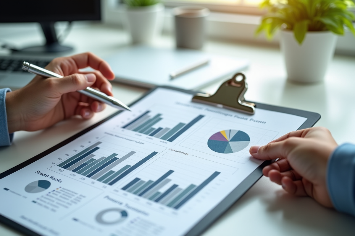 Mains tenant un tableau de croissance financière sur un bureau lumineux