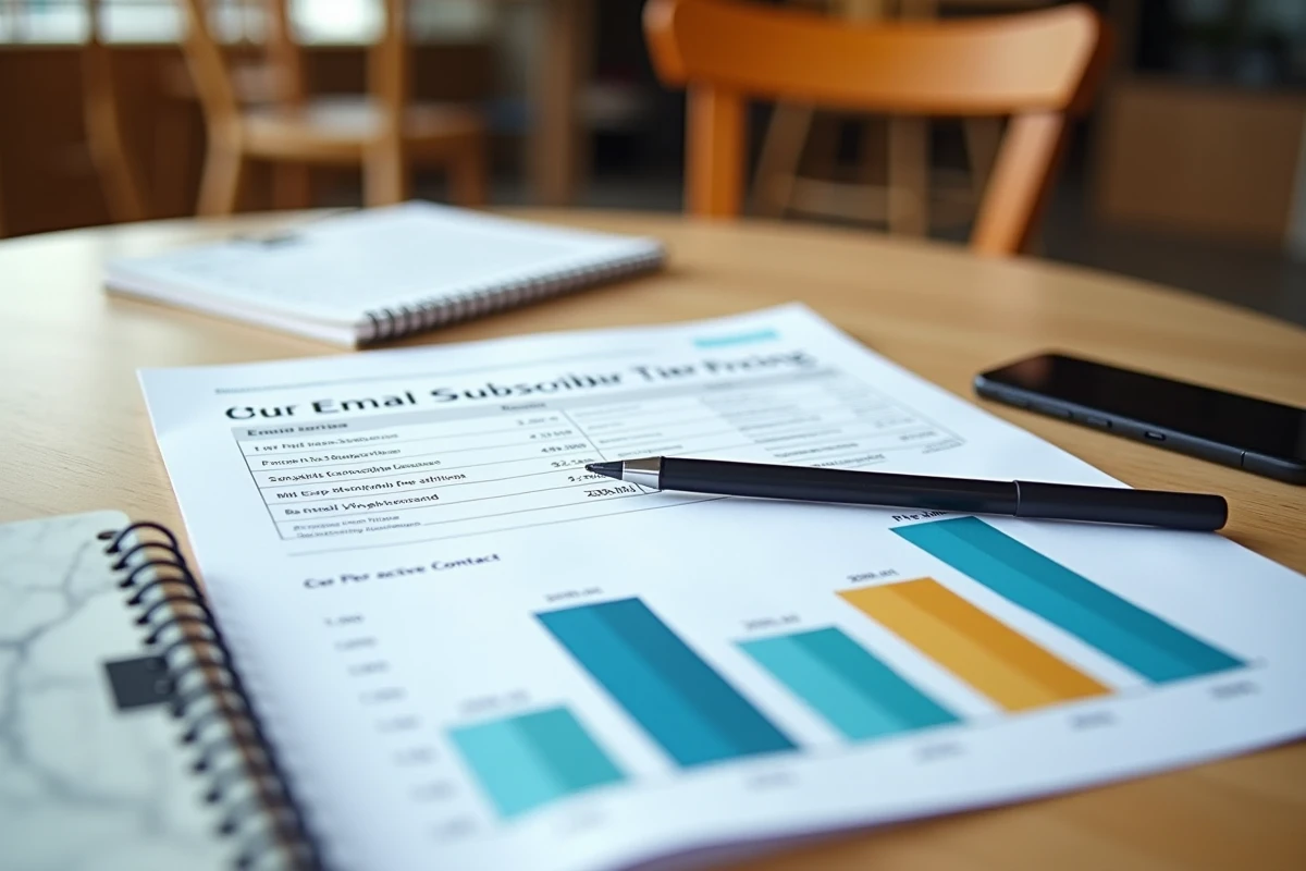 Documents budgétaires avec tableau de prix d'abonnement emailing et calcul du coût par contact actif sur une table