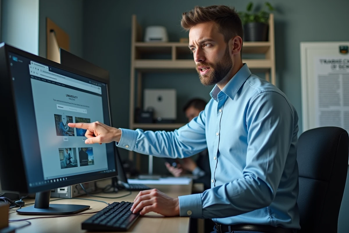 Technicien informatique du support universitaire aidant à résoudre une panne de l'ENT Artois sur un ordinateur de bureau