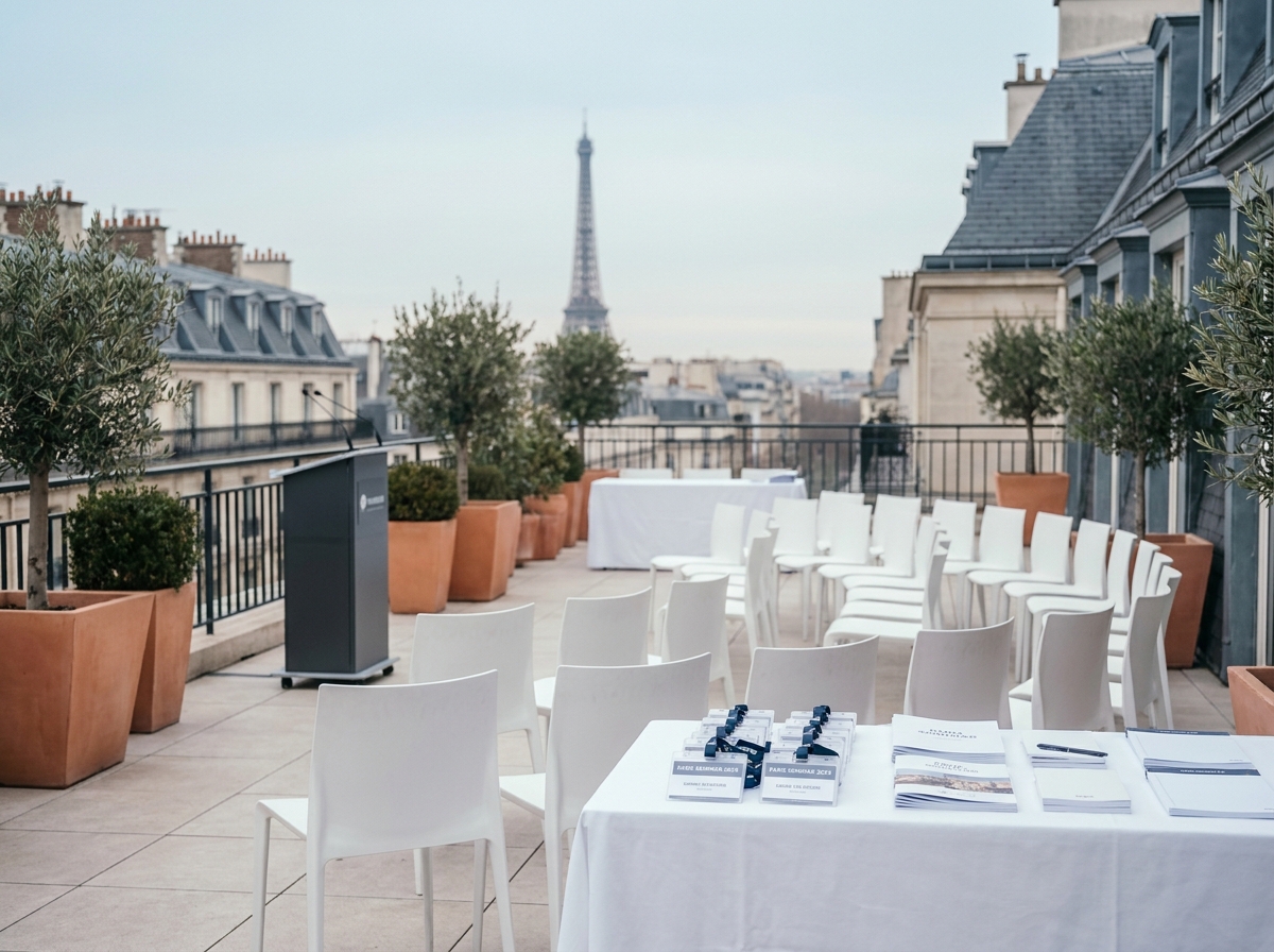Terrasse parisienne aménagée pour un séminaire professionnel avec vue sur la Tour Eiffel
