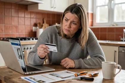 Femme vérifiant un site de bricolage en ligne avant d'acheter avec sa carte bancaire