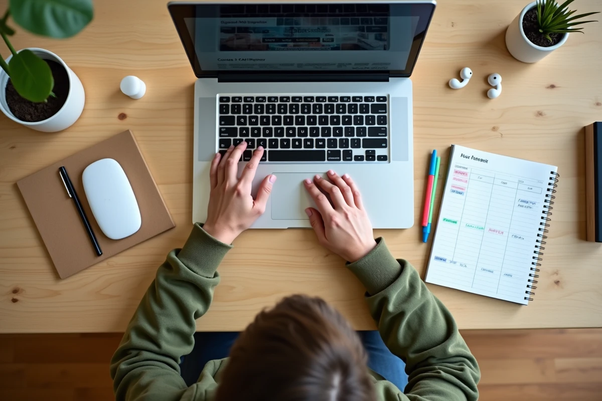 Vue de dessus d'un espace de travail étudiant organisé avec un ordinateur portable sur Moodle, un agenda et des surligneurs pour la rentrée en formation